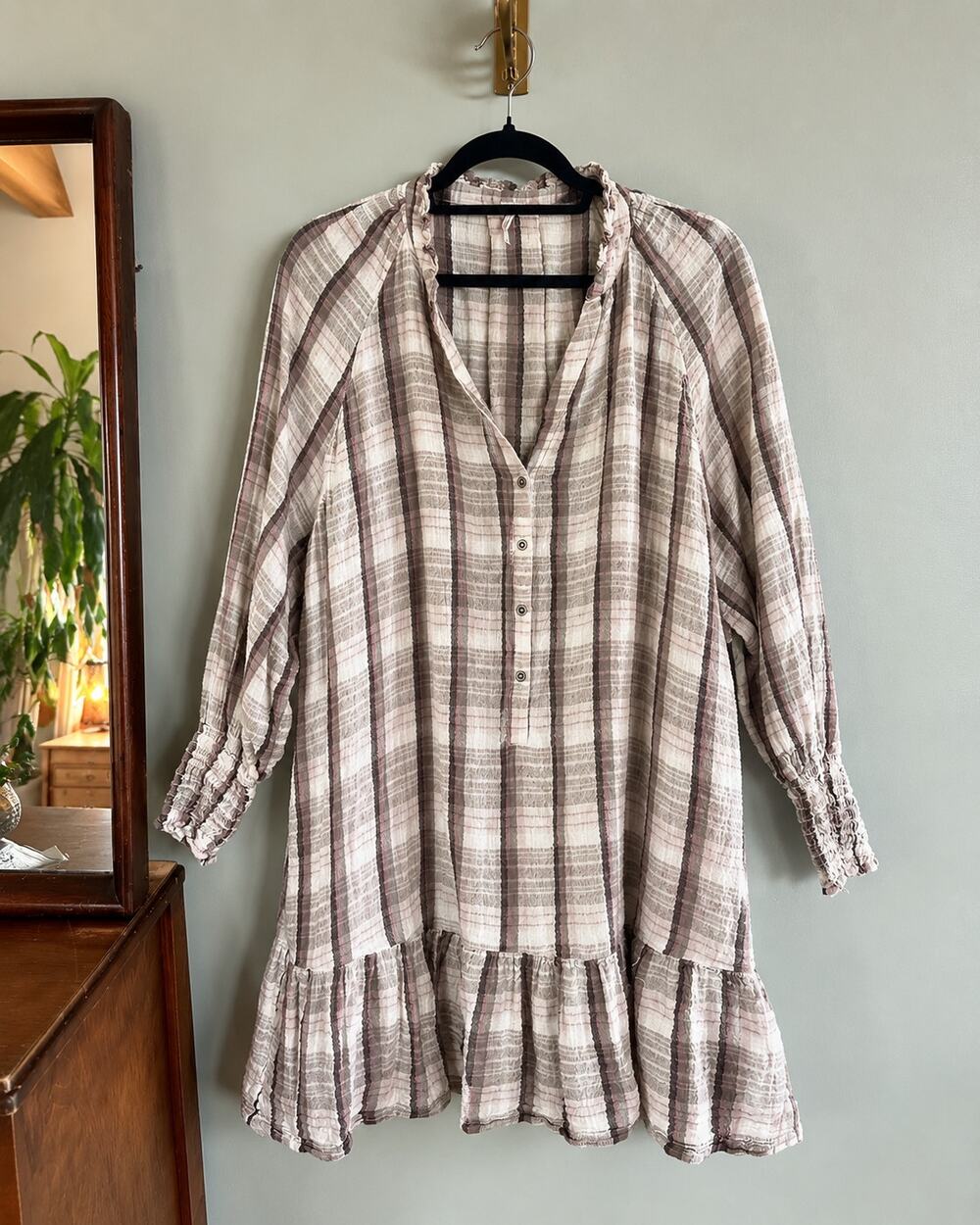 Free People Red Moon Plaid Gauze Tunic Mini Dress S/P Boho